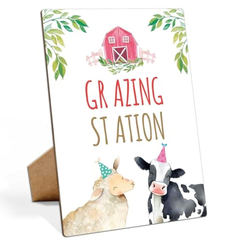 Farm Animals Birthday Party Sign, Grazing Station, 8X11 Inches, Wooden Play Sign With Stand, Farm Animal Birthday Decorations