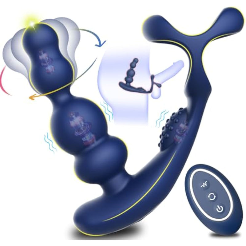 Rotating Vibrating Anal Prostate Vibrator - 4 In 1 Remote Control Anal Beads Butt Plug Dildo With Double Penis Rings & 3 Rotation 10 Vibration Modes, Silicone P-Spot Massager Adult Sex Toys For Men