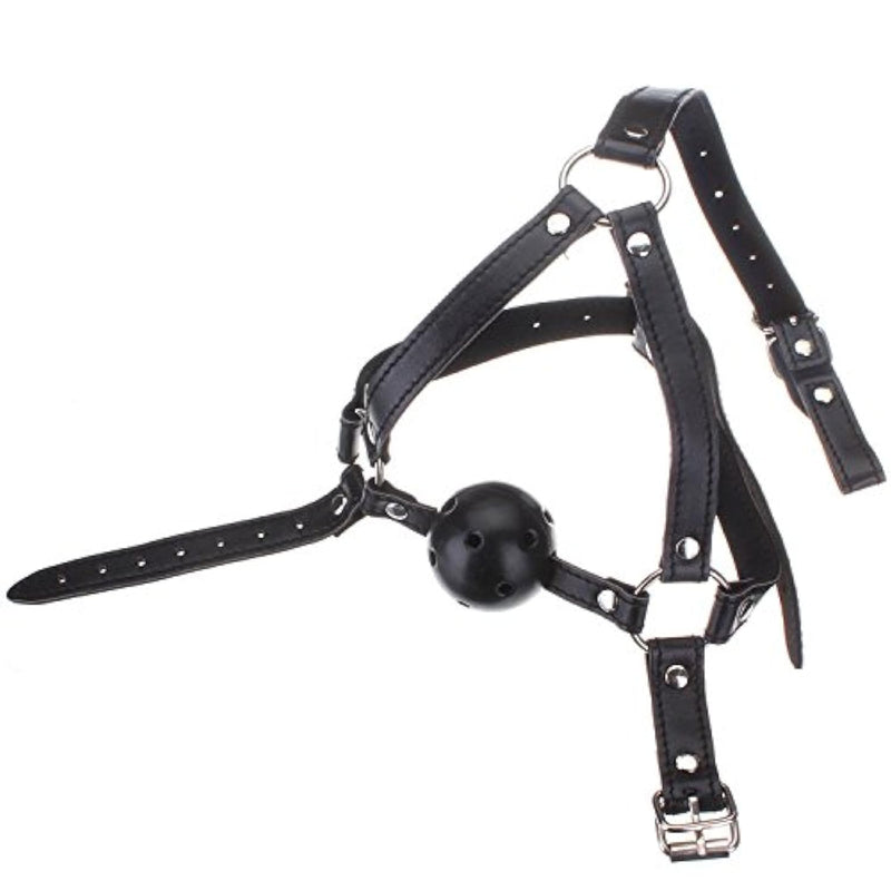 Leather Breathable Ball Gag Pouch Harness Sex Toy Breathable Fantasy Black