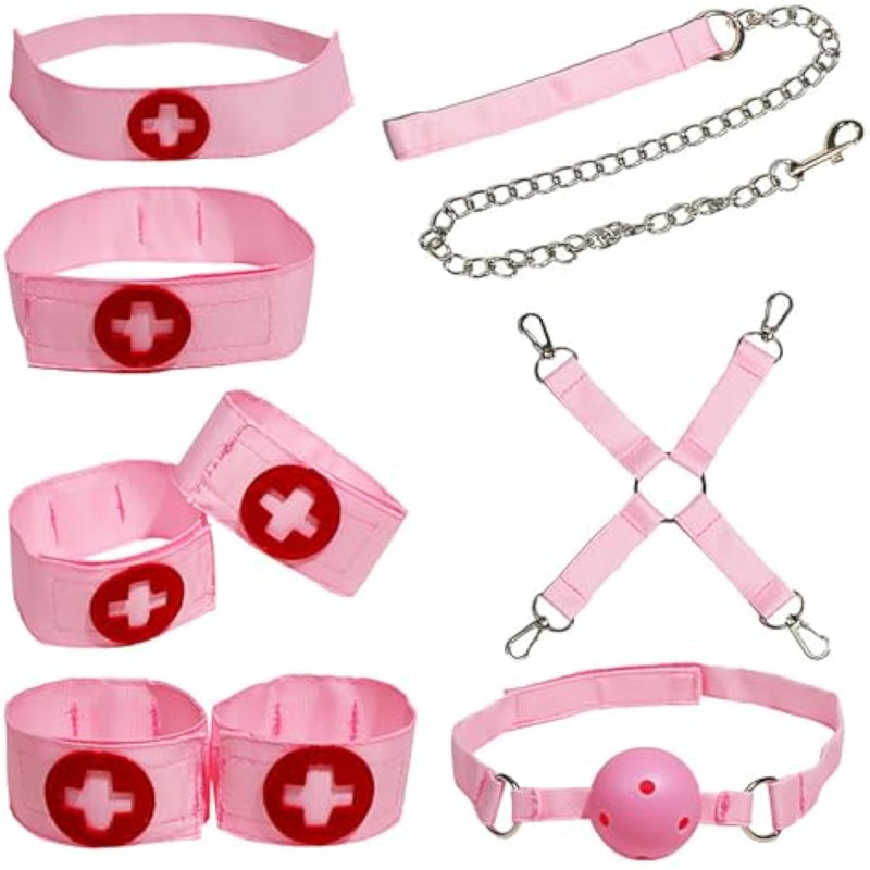 Sex Kit Nurses Restraints 7 Set Fabric Velcro Collars/Handcuffs/Ankle Cuffs/Blindfolds/Gags/Chains/Crossbuckles Bdsm Toys Gear & Accessories For Adult Couples Role Play (Pink)