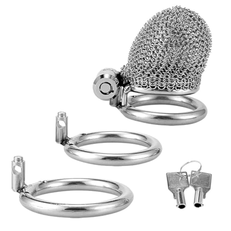 Chastity Device Push-Lock Set With 3 Rings And Invisible Locking Metal Mesh Cock Cage Adult Sex Toys Bdsm Bondage Devices For Men Penis Exercise (Short)