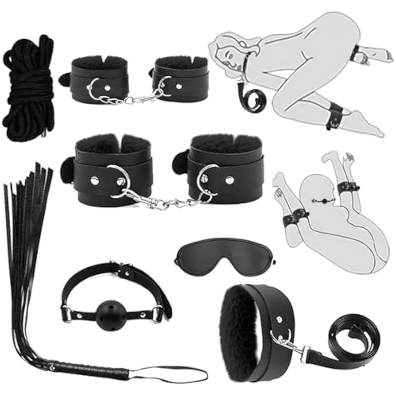 Sex Bondage Kits, Bdsm Restraint Toys 7 Pcs, Handcuffs, Ankle, Cuffs, Clamps, Ball Gag, Blindfold, Rope, Leather, Restraints Set, Sm Sexy Slave Beginner Role Play Toy, Bdsm Kits (Black)