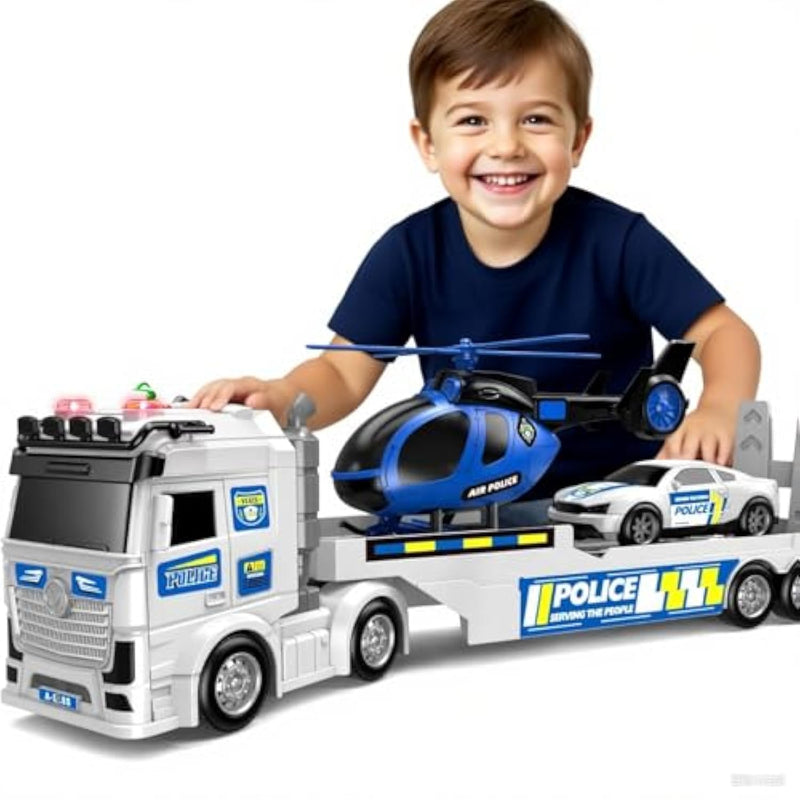Kids Toys For Ages 3 4 5 6 7 8 Years Old Boys, 25" Large Police Semi Truck With Helicopter & Race Car, Friction Powered Vehicle With Lights & Sounds,Birthday Gift For Boys Girls