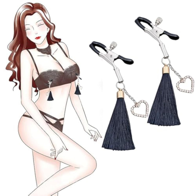 Breast Clamps Clitoris Clamps Nipple Clip For Women, Nipple Clamps With Hearts And Tassels Decoration, Soft Rubber Clamps Adjustable Bdsm Set Sm Sex Play Game Toys For Couples Lovers Home Bed Flirt