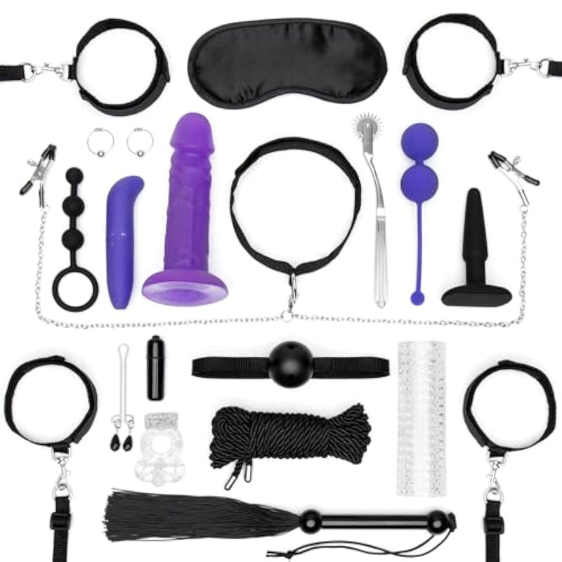 All You Need Bondage Kit - 20 Piece Bondage Set - Includes Blindfold, Flogger, Nipple Clamps, Vibrators, Anal Beads, Cock Ring And Much More - Sex Toys For Couples - Black/Purple
