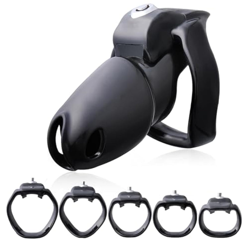 Ht-V5 Male Chastity Cage - Lightweight Resin Male Chastity Cage With Click&Lock Key | Ergonomic Design| Bondage Gear &Adult Sex Toy For Men – Includes 5 Ring Sizes (Black, Maxi)