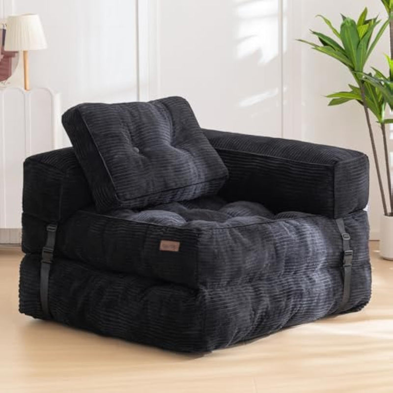 Folding Sofa Bed, L-Shaped Convertible Sofa With Armrest Foldable Sleeper With Pillow, Portable Fold Out Chair Bed Comfy Floor Lounge For Living Room Bedroom, Black