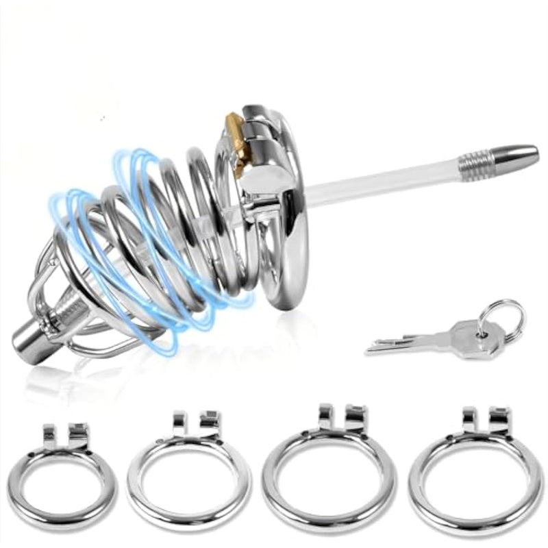 Chastity Cage Lock Set With 4 Penis Rings And Dilator Urethra Stainless Steel Cock Cages For Men Bdsm Extreme Bondage Sex Toys For Male (Silver Full Set)