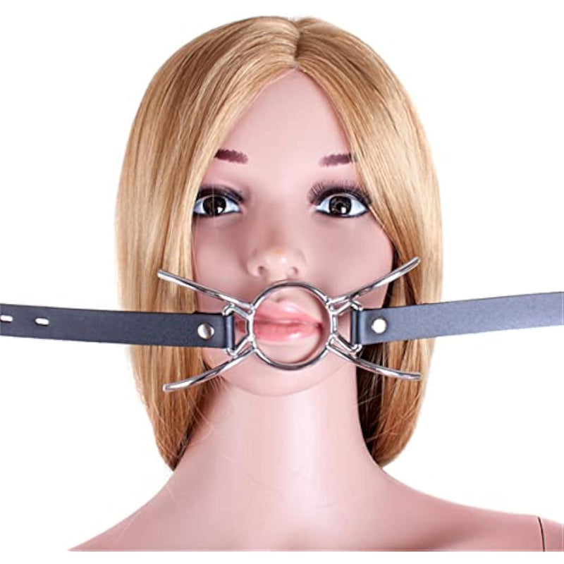 Metal Spider Ring Gag With Leather Head Slave Harness Restraint Mouth Gags Sex Toys For Couples (Silver)