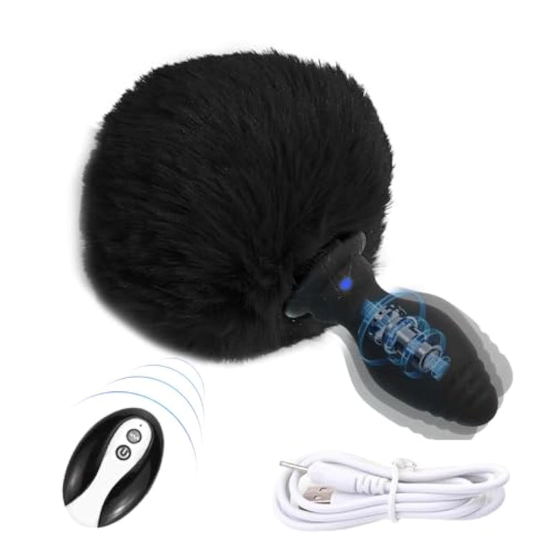 Black Faux Fur Bunny Tail Silicone Anal Plug with Remote Control and 10 Vibration Patterns for Couples Role Play