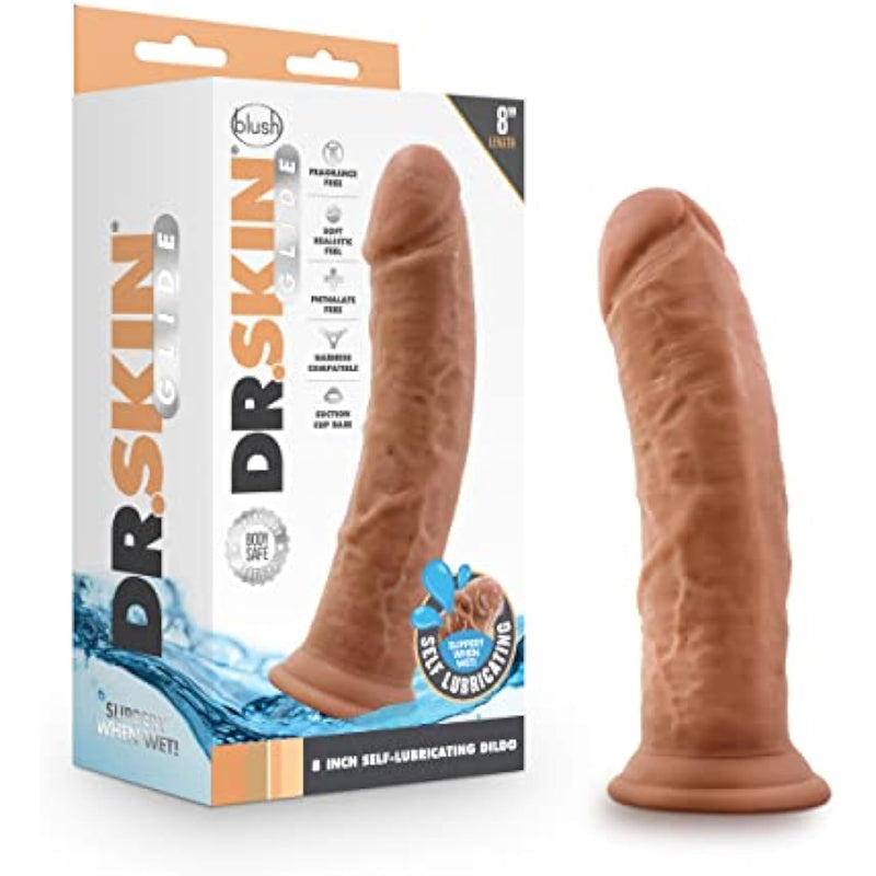 Dr. Skin Glide 8 Inch Self Lubricating Dildo Suction Cup Harness Compatible Body Safe Realistic Look And Feel Sex Toy For Her Him Couples Mocha