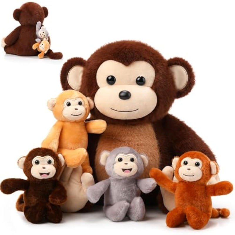 5 Pieces Monkey Plush Toy Set 1 Mommy Monkey Stuffed Animal With 4 Cute Plush Babies In Her Tummy 13 Inch Cuddly Monkey Plushie Gifts For Christmas Boys Girls Birthday Party(Cute Style)
