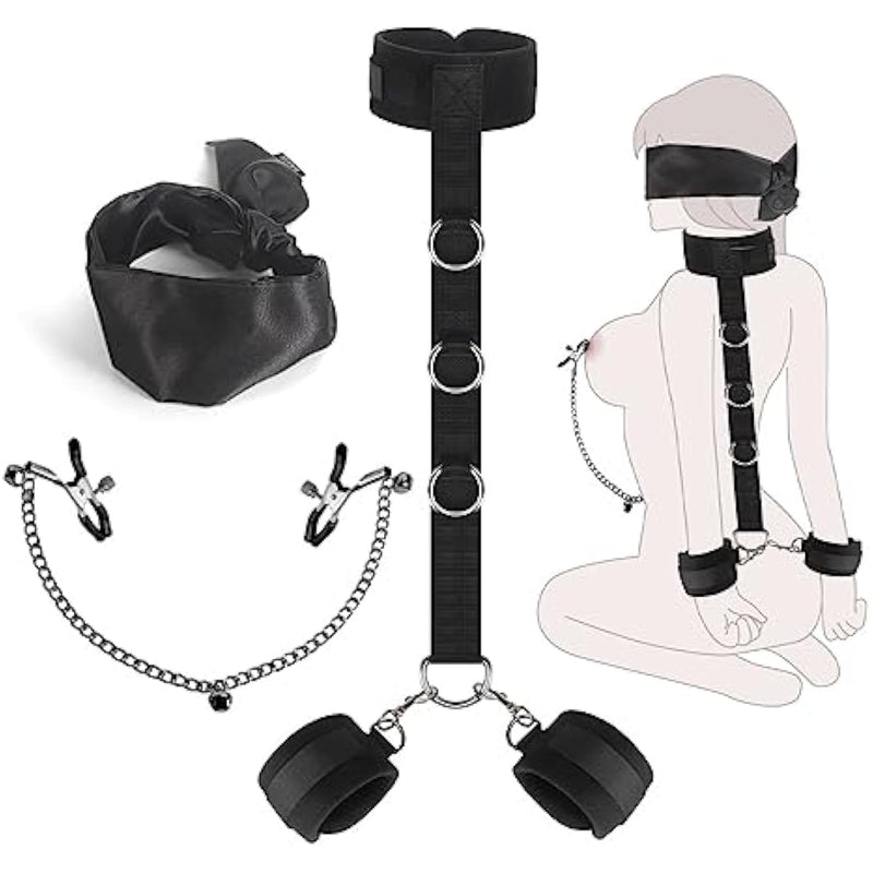 Sex Bondage Bdsm Kit, Bondage Restraints Set With Adjustable Handcuffs Collar Blindfold Nipple Clamps, Adult Games Sex Toys For Men Women And Couples(3 Pcs)