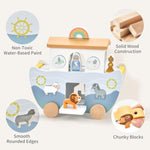 Wooden Noah'S Ark Pull Along Toy With Bible Story Cloth Book - Montessori Sorting Set For Toddlers - Religious Baptism Gift For Boys & Girls -Christian Preschool Learning Toy For Kids
