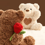 Christmas Rose Teddy Bear Stuffed Animals Soft Plush Toy Teddy Bear With Rose For Mom Thanksgiving Day Birthday Wedding Gift For Girlfriend Kids, 10", Brown