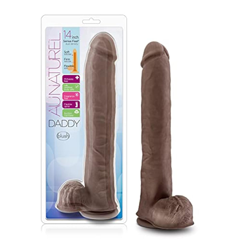 Blush Au Naturel Daddy 14" Realistic Dildo With Balls, Dual Density Flexishaft Xxl Cock, 2.5" Wide - Suction Cup, Harness Compatible - X5 Plus Adult Sex Toy Penis For Women, Men & Couples -(Chocolate)