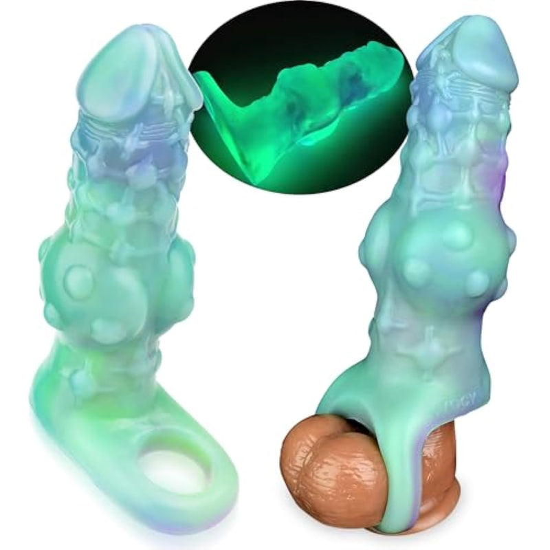 Luminous Dog Penis Sleeve For Men, 7Inch Fantasy Silicone Monster Cock Enlargement Dildo Grith Extender With Penis Ring Ejaculation Delay For Couples