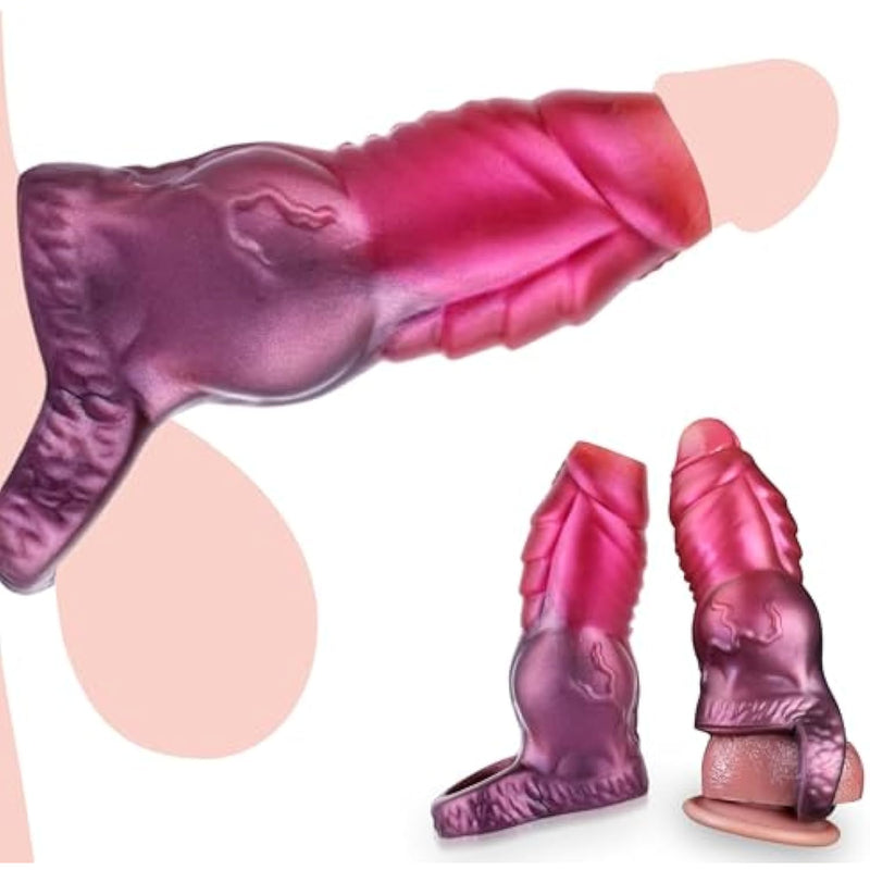 Penis Sleeve With Penis Ring, Pink Silicone Monster Cock Sleeve Girth Extension Sex Toys For Men, Delay Ejaculation Enhance Erection Penis Enlargement For Male Couples