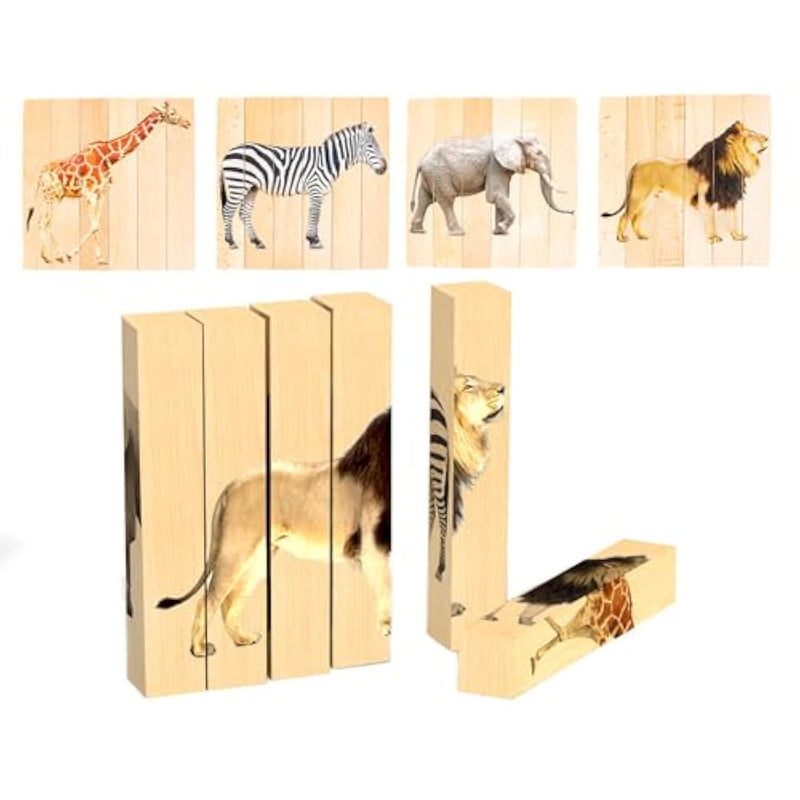 Wooden Animal Chunky Puzzles For Toddlers 2+ Years - Montessori 4 In 1 Safari Animal Block Puzzle Toy