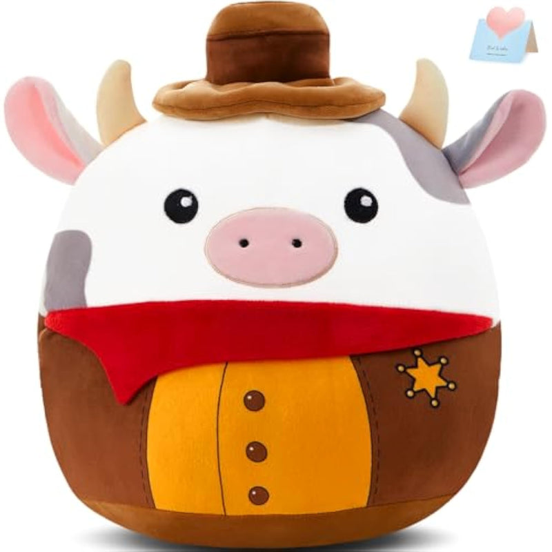 Cow Cowboy Plush Stuffed Animals Original Plushie Cute Soft Cuddle Pillow For Boys Girls, 13"