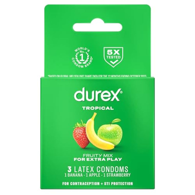 Condoms, Lubricated Latex, Durex Tropical Flavors Condom, 3 ct Mix of Tropical Orange, Banana and Strawberry Fruit Flavors