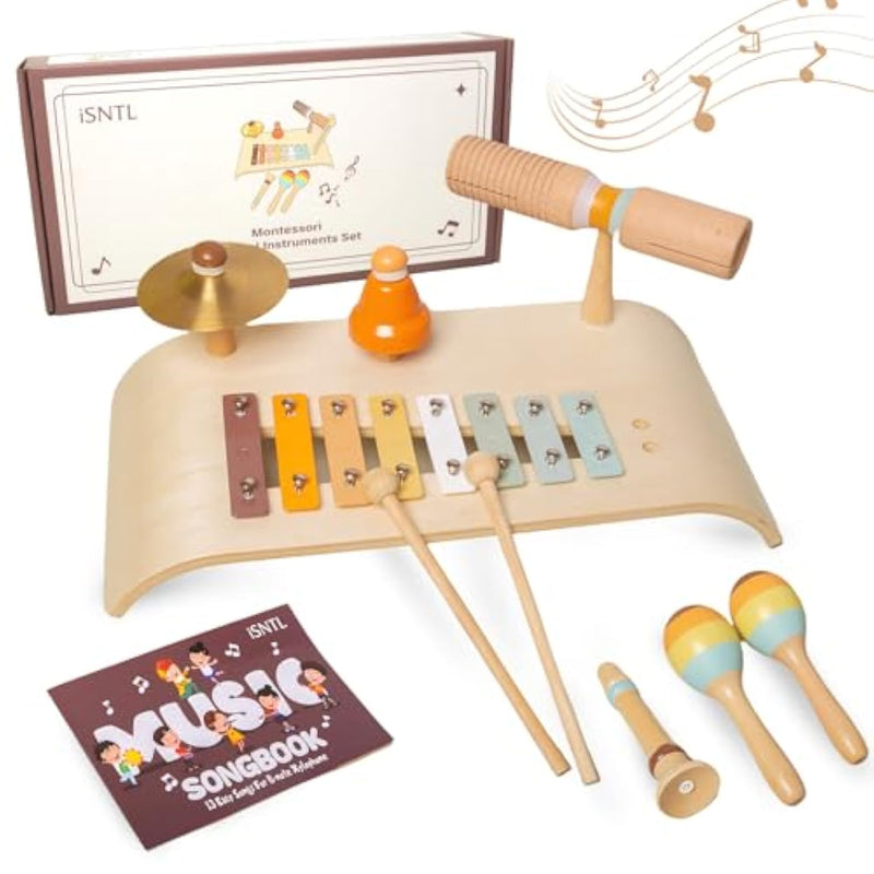 Wooden Drum Set, 6 In 1 Toddler Drum Set, Wooden Musical Toys For Toddlers, Montessori Toys For Boy Girls, Preschool Educational Gift With Songbook