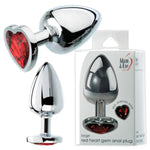 Tapered Metal Anal Plug with Red Heart Gem Base and Polished Aluminum Finish