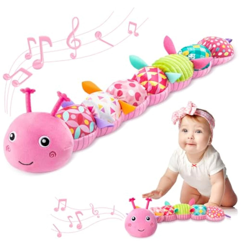 Baby Toys 0-6-12 Months,Infant Musical Stuffed Animals Activity Toys With Muti-Sensory Crinkle,Rattles,Baby Girl Toys Gifts For Newborn Tummy Time,Caterpillar,Pink