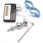 Gourd-Shaped Metal Electric Shock Anal Plug, Male Bead Urethral Penis Plug, 2 Elastic Restraint Cock Ring Electric Shock Set