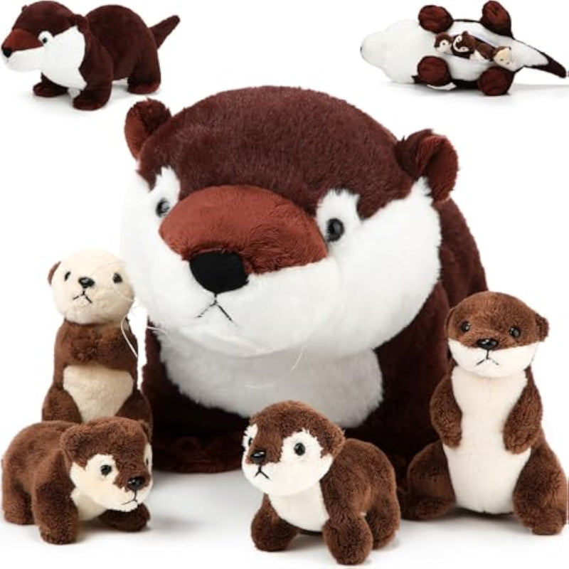 5 Pcs Gifts For Christmas Women Sea Otter Stuffed Animals Large Mommy Sea Otter Plush With 4 Cute Babies In Her Zippered Belly For Boys Girls Birthday Gifts Ocean Party Decors
