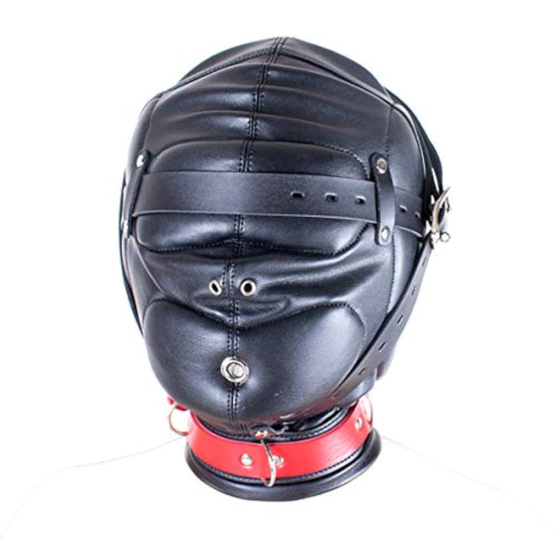 Leather Bondage Mask for Adults - Black Full Face Breathable Restraint Head Hood