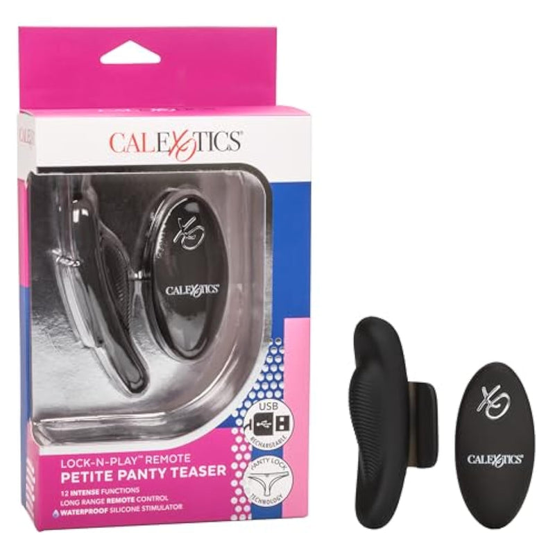 Lock-N-Play Remote Petite Panty Teaser, Rechargeable 12-Function Waterproof Silicone Clitoral Vibrator Securely Attached On Panty Black Se-0077-50-3
