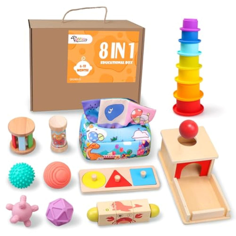 Montessori Toys For Babies 6-12 Months,1 Year Old,8 In 1 Baby Sensory Toy For 12-18 Months Toddler,Wooden Educational Development Toys With Soft Stacking Cup&Sensory Ball&Tissue Box
