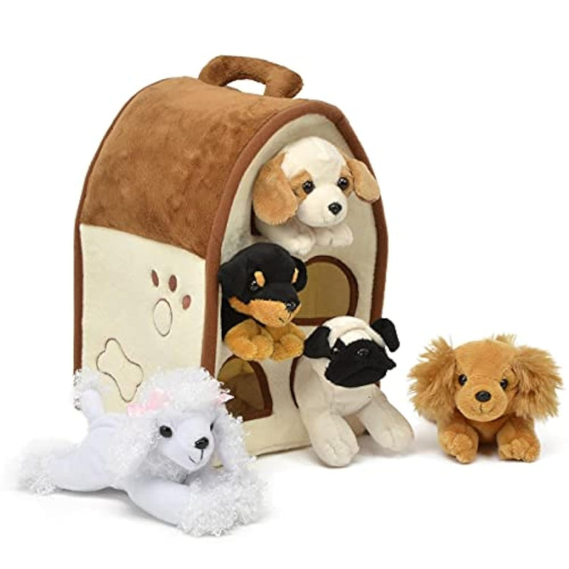 7166Do-Hl Plush Dog House -Five (5) Stuffed Animal Dogs (Brown Ear Spaniel, Bulldog, White Poodle, Brown Spaniel, And Rottweiler)