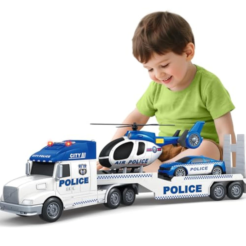 3 4 5 Boy Toddlers Toys, Extra Large Police Truck Toys With Racing Car And Helicopter, 3 In 1 Police Car Toy Birthday Gifts For 3 4 5 6 Year Old Boys Toddlers Girls