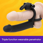 Double Fun Vibrating Rabbit Double Penetration Strap On Dildo - 6 Inch Realistic Silicone Dildo With 2 Bullet Vibrators - Waterproof - Black