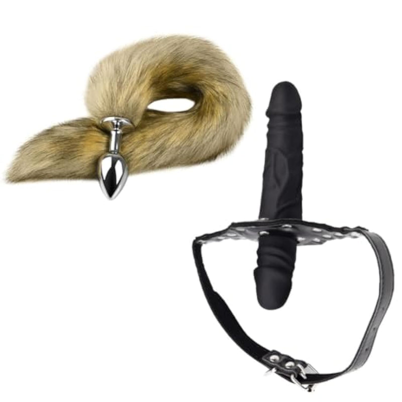 Bondage Restraint Set For Couples Double-Cock Dildo Penis Mouth Gag And Anal Plug Fox Tail Adult Sex Toys For Bdsm Sensory Play Slave Play