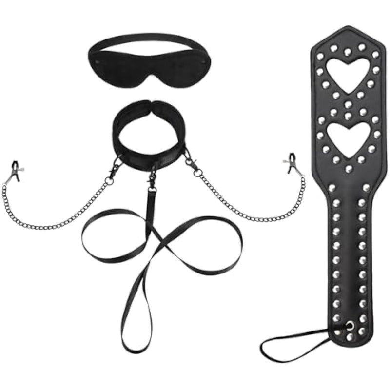 Bondage Collar Leash Set With Nipple Clamps, Blindfold And Studded Heart Spanking Paddle For Adults Bdsm Restraint Sex Toys