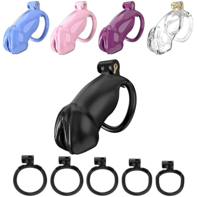 Chastity Device, Fully Enclosed Male Chastity Cage With Female Design, Nylon Resin Plastic Chastity Device, 3D Printed, Includes 5 Rings (Black, Small)