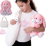 Easter Gifts For Kids, Stuffed Bunny Toy 5 Pcs - Mommy Stuffed Rabbit, 2 Baby Bunnies And Furry Bag. Soft Easter Bunny Plush Gift For Kids 3-5