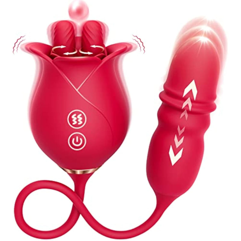 Sex Toys Thrusting Dildo Vibrator - 3In1 Dual Tongue Rose Adult Toys Vibrators With 10 Licking & 10 Thrust, Clitoral Nipple Anal G Spot Vibrator Sex Stimulator For Women Couples Adult Sex Toys & Games