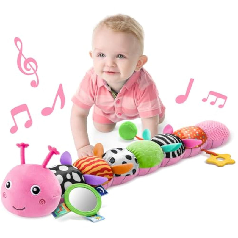 Baby Toys Musical Caterpillar,Infant Toys Stuffed Animals With Ruler Design,Mirror,Pull String&Ring Bell,Baby Teething Toys For Tummy Time Toy Newborn Gifts 3 6 12 Months(Pink,Leafy Limb)