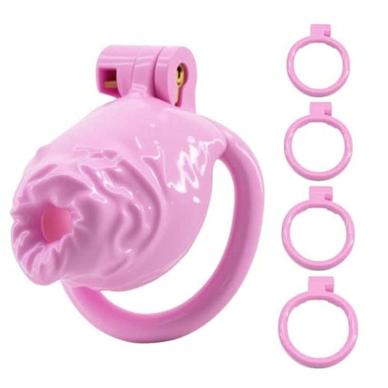 Chastity Device In The Shape Of A Foreskin Fake Chastity Cage With 4 Rings And 2 Keys For Male Penis Bondage Adult Sex Toy (Pink,Large)