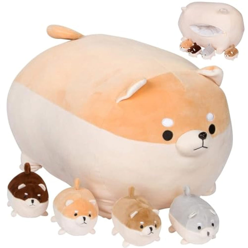 Stuffed Dog Toy - Cute Plushies Shiba Inu Mommy With 4 Puppies - Adorable Plush Pillow For Imaginative Play - Puppy Surprise Soft Animal Toy Set For Girls - Stuffed Animals For Ages 3-8