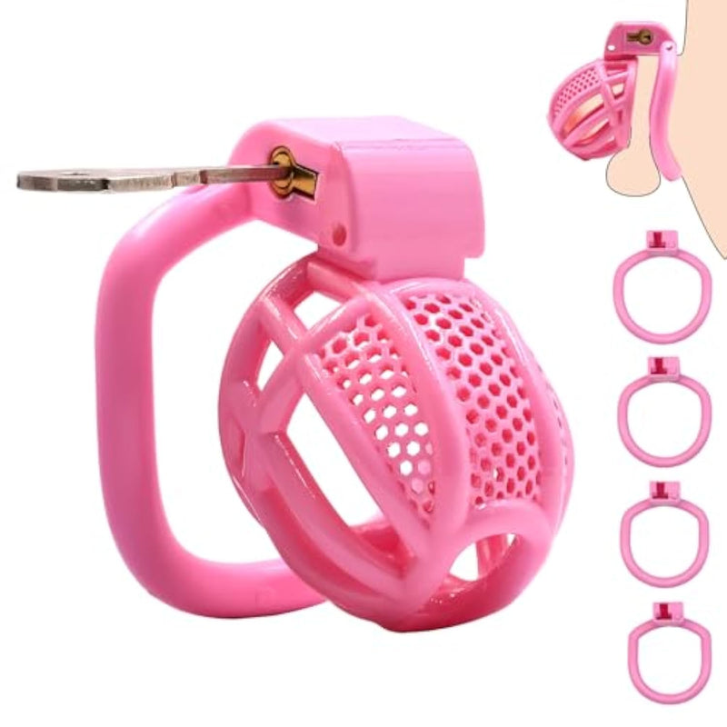 Male Chastity Device Cock Cage - Lightweight Plastic Chastity Cage For Man Penis Exercise 3D Printed Adult Sex Toy With 4 Sizes Rings Invisible Lock And Key(Pink)