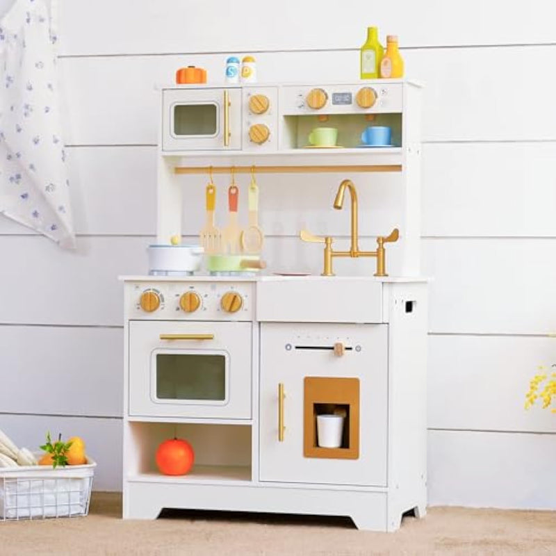 Wooden Play Kitchen For Kids With Ice Maker — Small White Pretend Kitchen Set With Sink, Stove, Oven & Microwave, Utensils And Storage, Montessori Role-Play Toy, Gift For Toddlers Ages 3+