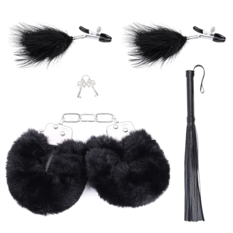 3Pcs Adult Sex Flogger, Fluffy Metal Handcuffs With Keys, Feathered Nipple Clamps Plush Stainless Steel Wrist Cuffs Cosplay Couples Bdsm Beginner Kit (Black)