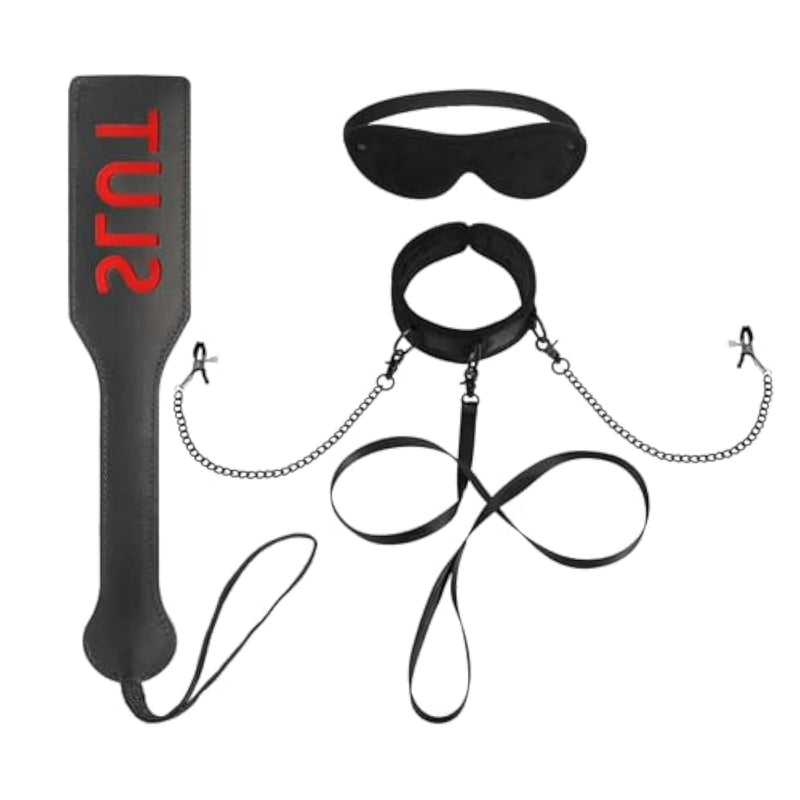 Bondage Collar Leash Set With Nipple Clamps, Blindfold And Slut Spanking Paddle For Adults Bdsm Play Sex Toys