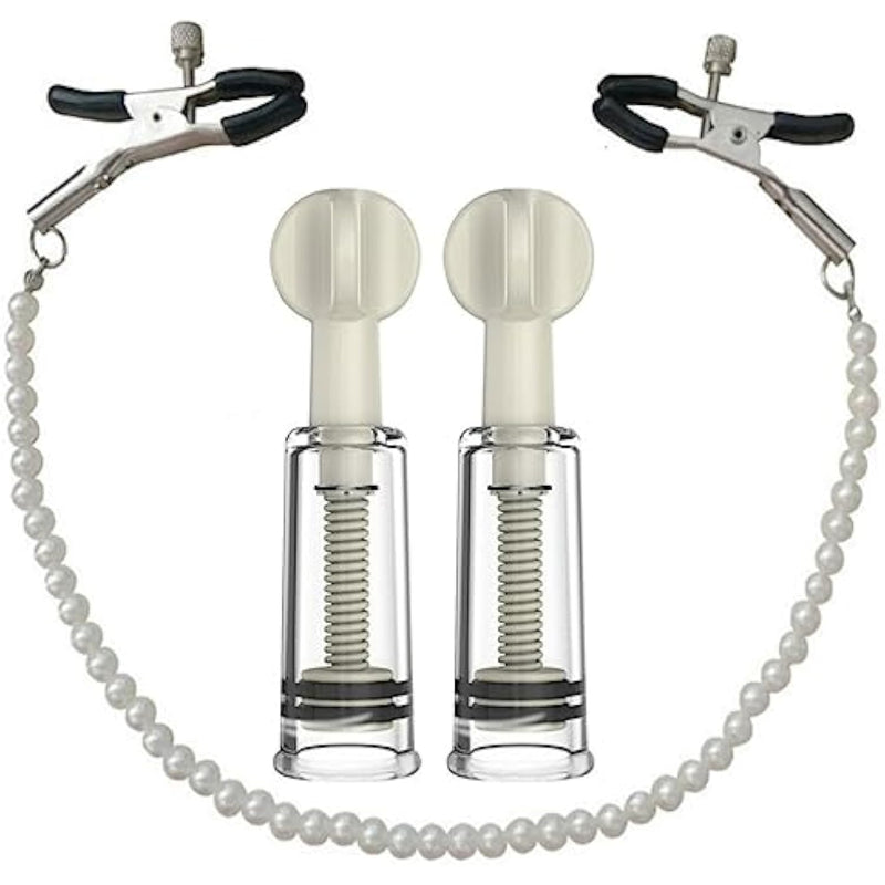 Nipple Clamps Bells Pearl Chain And Nipple Suckers 2Pcs Vacuum Suction Cup Sexual Pleasure Non Piercing Adjustable Chain Nipple Clip On Jewelry Breast Clamps For Adult Women White