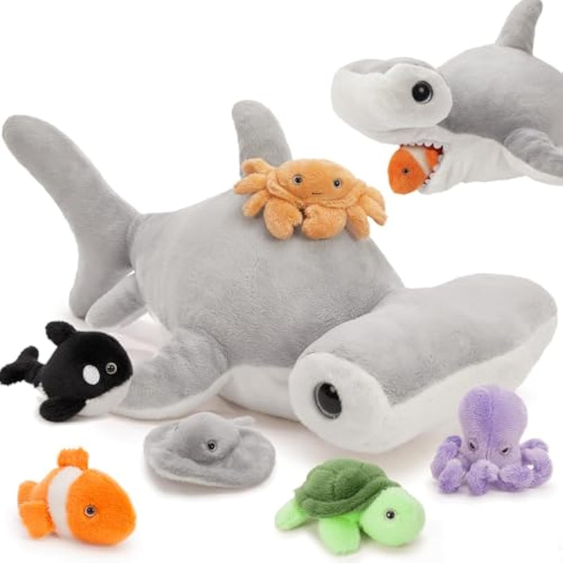 7 Pcs Soft Shark Stuffed Animal With 6 Sea Animal Plushies In Belly, Plush Hammerhead Shark Ocean Toys Set For Kids Girls Under The Sea Party Favor Decorations Gifts Christmas